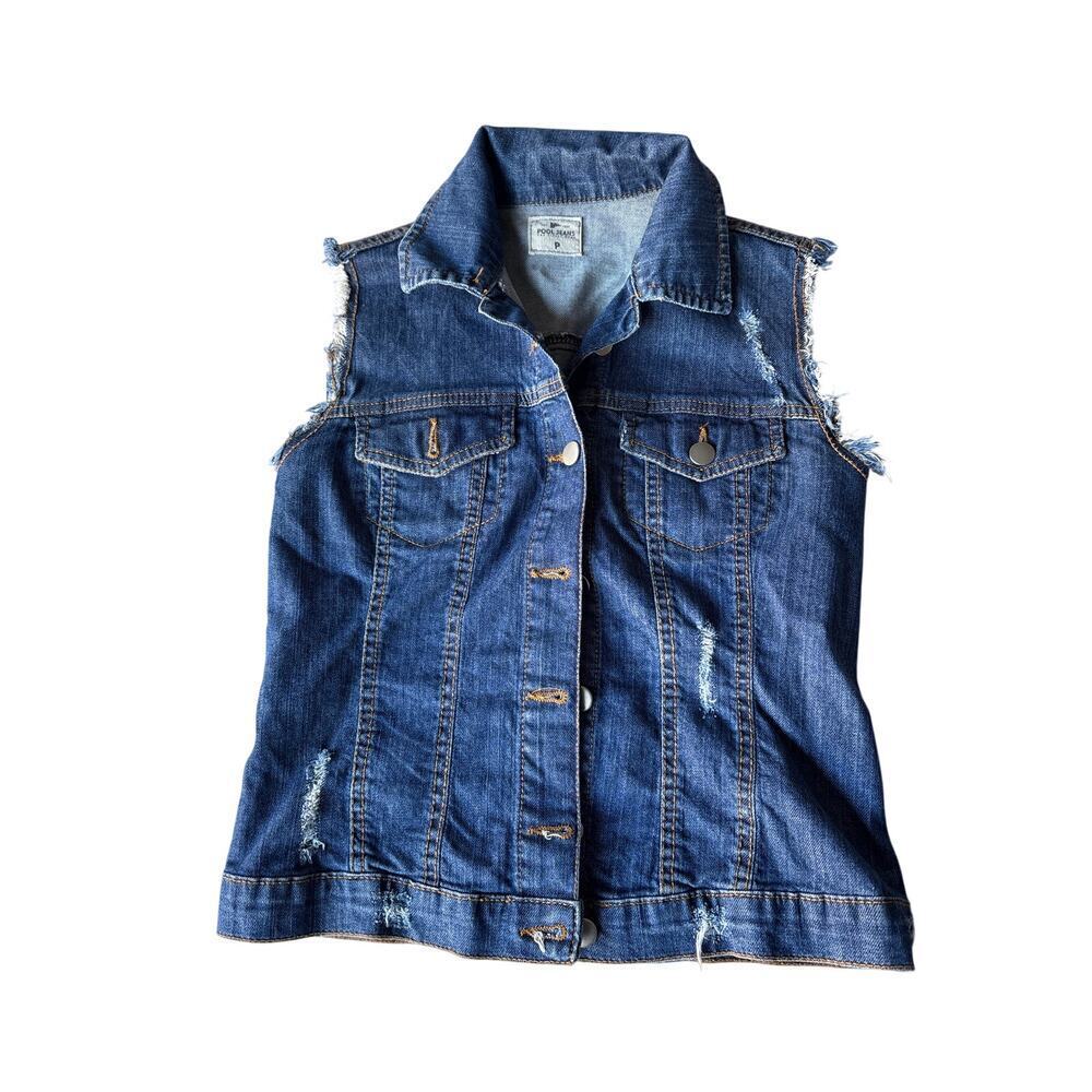 Brazil Distressed Denim Vest Size Small Y2K Raw Hem Button Front